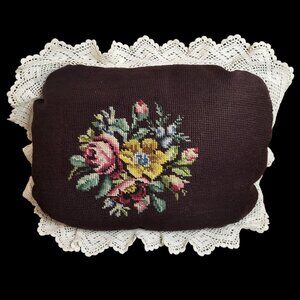 Handmade Needlepoint Pillow Dark Brown Floral Lace Trim Plaid Back 18"x13"